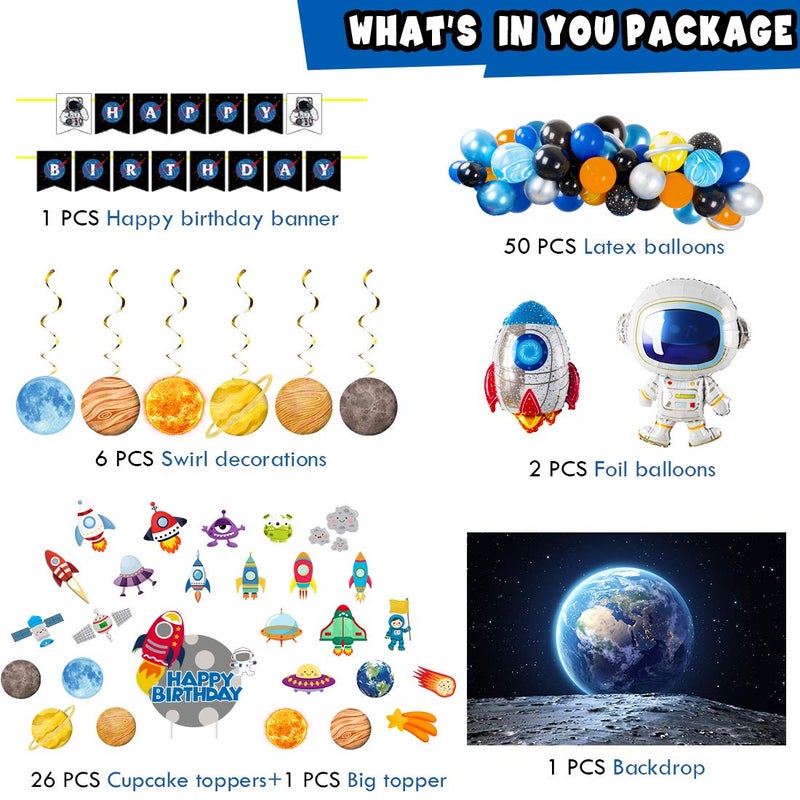 DMIGHT Outer Space Party Supplies, 87Pcs Party Decorations - Rocket Balloons, Solar System Swirl Decorations, Cupcake Toppers, Astronaut Birthday Banner, Backdrops - Image 2